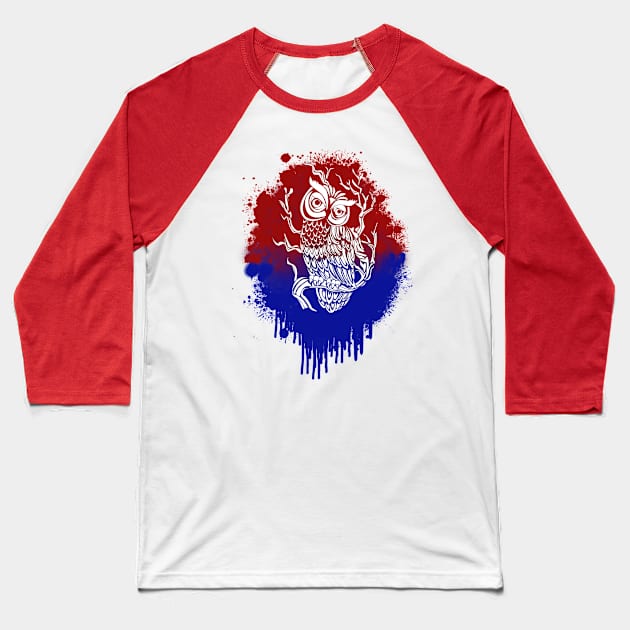 Owl in Red & Blue Splash Baseball T-Shirt by Hooty Hoo